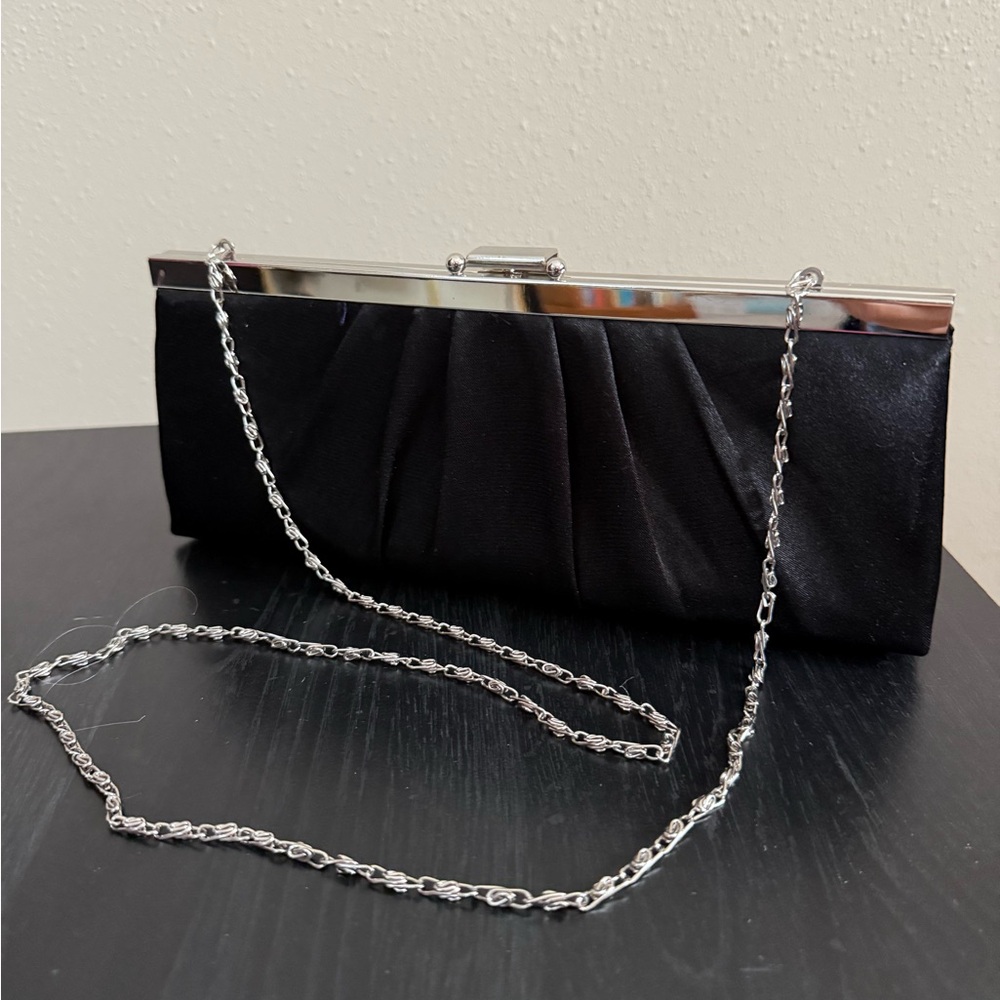 Jessica McClintock Black Satin Evening Bag Clutch Silver Chain Vintage